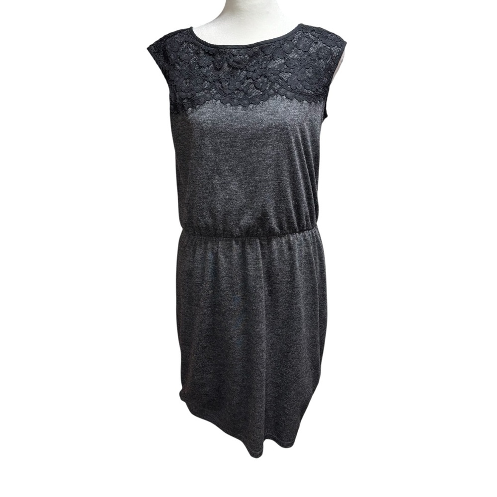 LOFT Gray Lace‎ Trim Sleeveless Mini Dress Elastic Waist Heathered Knit #665